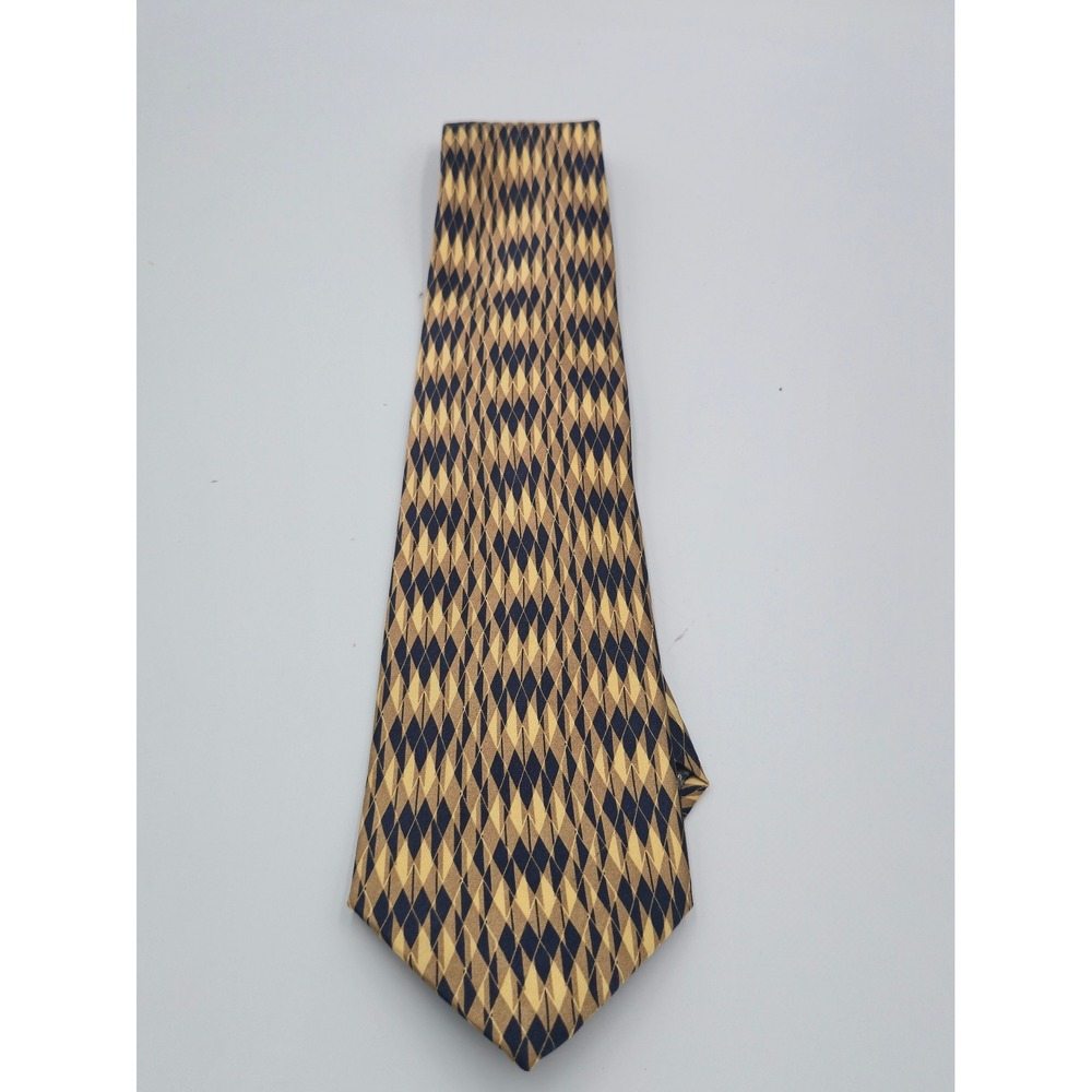 Salvatore Pellegrino Silk Tie Gold Navy Harlequin Diamond Geometric Handmade